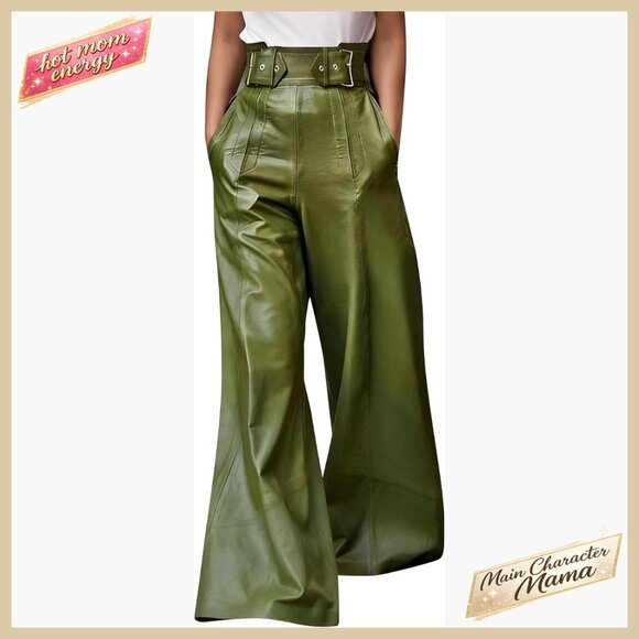Pants - Faux Leather Wide Leg Pants High Waist Pleated Palazzo Trousers Chic Streetwear
